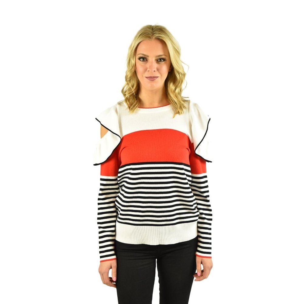 Umgee Colorblock Ruffle Cold Shoulder Sweater